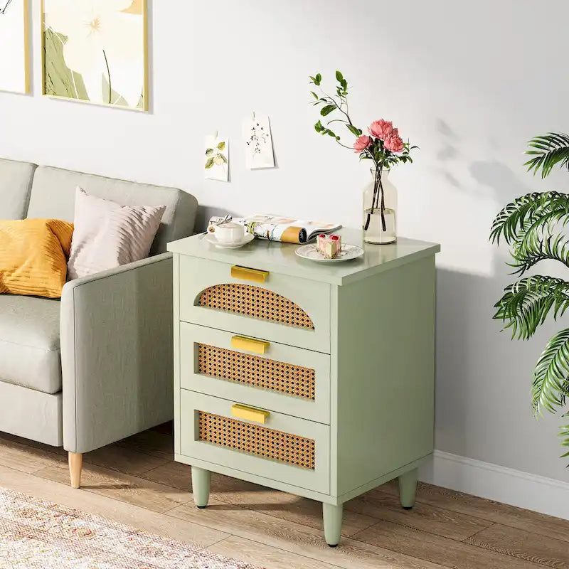Wood/ Rattan Nightstand Bedside Table with 3-drawer