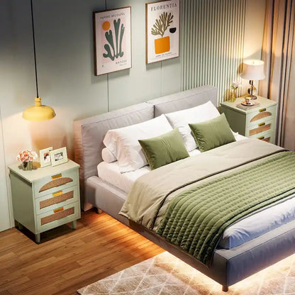 Wood/ Rattan Nightstand Bedside Table with 3-drawer