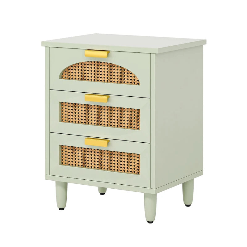 Wood/ Rattan Nightstand Bedside Table with 3-drawer