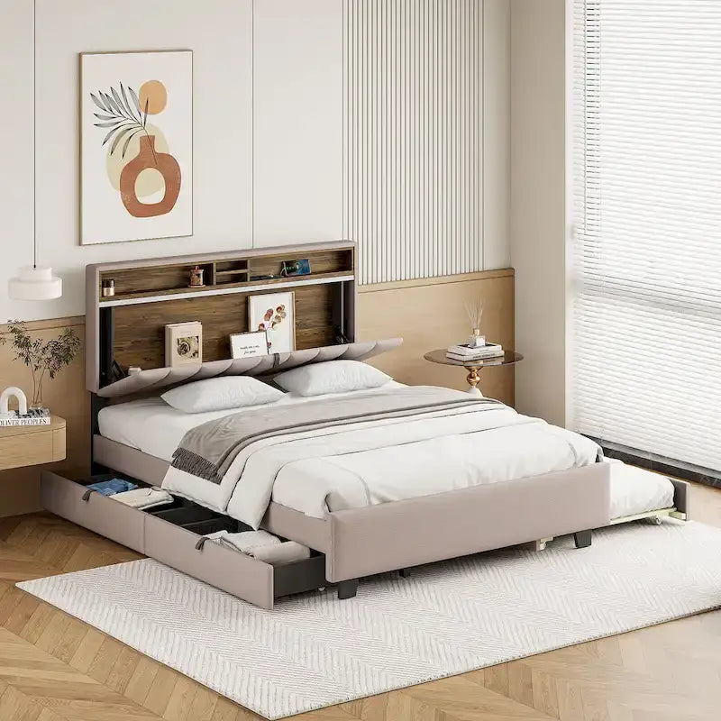Queen size Upholstered Platform Bed with Twin XL Size Trundle