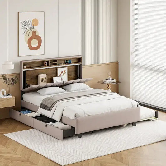 Queen size Upholstered Platform Bed with Twin XL Size Trundle