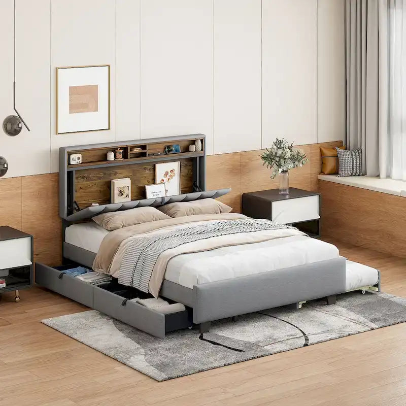 Queen size Upholstered Platform Bed with Twin XL Size Trundle