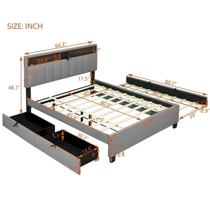 Queen size Upholstered Platform Bed with Twin XL Size Trundle