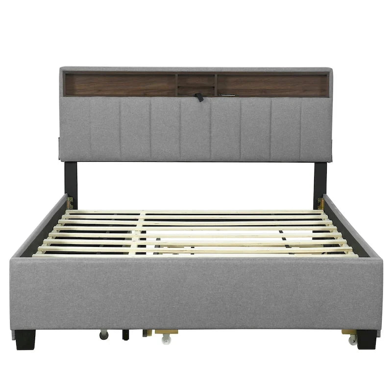 Queen size Upholstered Platform Bed with Twin XL Size Trundle