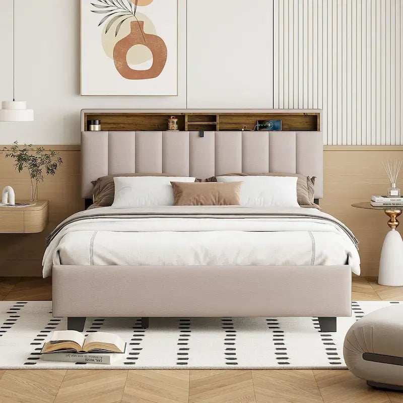 Queen size Upholstered Platform Bed with Twin XL Size Trundle