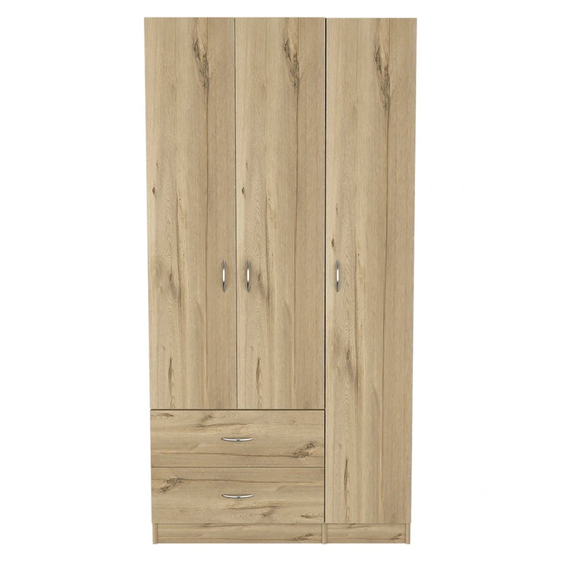 Austral 3 Door Armoire with Drawers, Shelves, and Hanging Rod