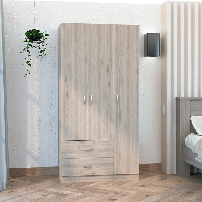 Austral 3 Door Armoire with Drawers, Shelves, and Hanging Rod