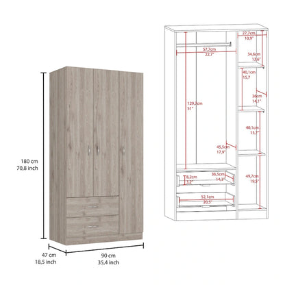Austral 3 Door Armoire with Drawers, Shelves, and Hanging Rod