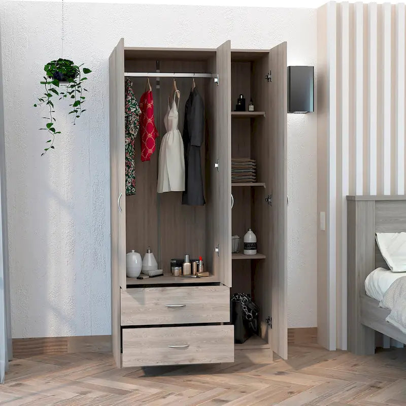Austral 3 Door Armoire with Drawers, Shelves, and Hanging Rod