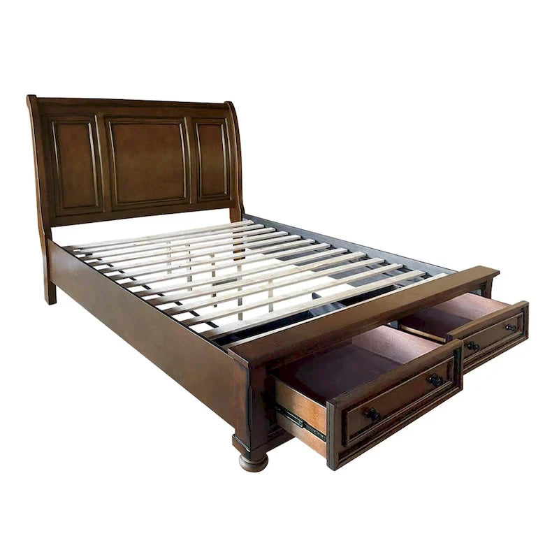 Brown Cherry Finish 3pc Bedroom Set Platform Storage Bed and Two Nightstands