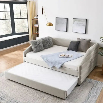 Full Size Daybed with Trundle Upholstered Tufted Sofa Bed, Linen Fabric