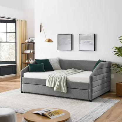 Full Size Daybed with Trundle Upholstered Tufted Sofa Bed, Linen Fabric