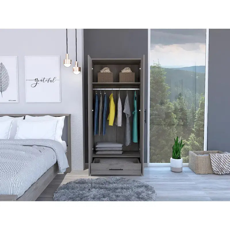 Armoire, Two Shelves, Double Door, Metal Rod, One Drawer -Light Gray