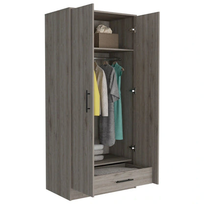 Armoire, Two Shelves, Double Door, Metal Rod, One Drawer -Light Gray