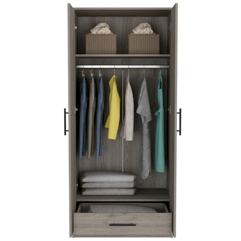 Armoire, Two Shelves, Double Door, Metal Rod, One Drawer -Light Gray