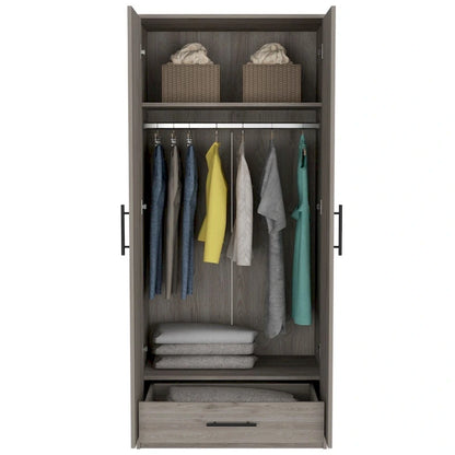 Armoire, Two Shelves, Double Door, Metal Rod, One Drawer -Light Gray
