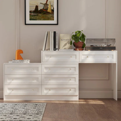White Dresser & Vanity Combo Spacious Storage with Chic Crystal Knobs