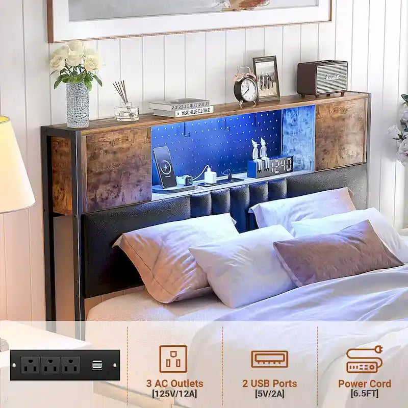 Farmhouse Bed Frame with Holey Board, Upholstered Headboard Platform Bed with Charging Station
