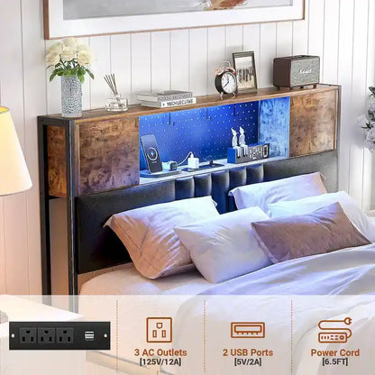 Farmhouse Bed Frame with Holey Board, Upholstered Headboard Platform Bed with Charging Station