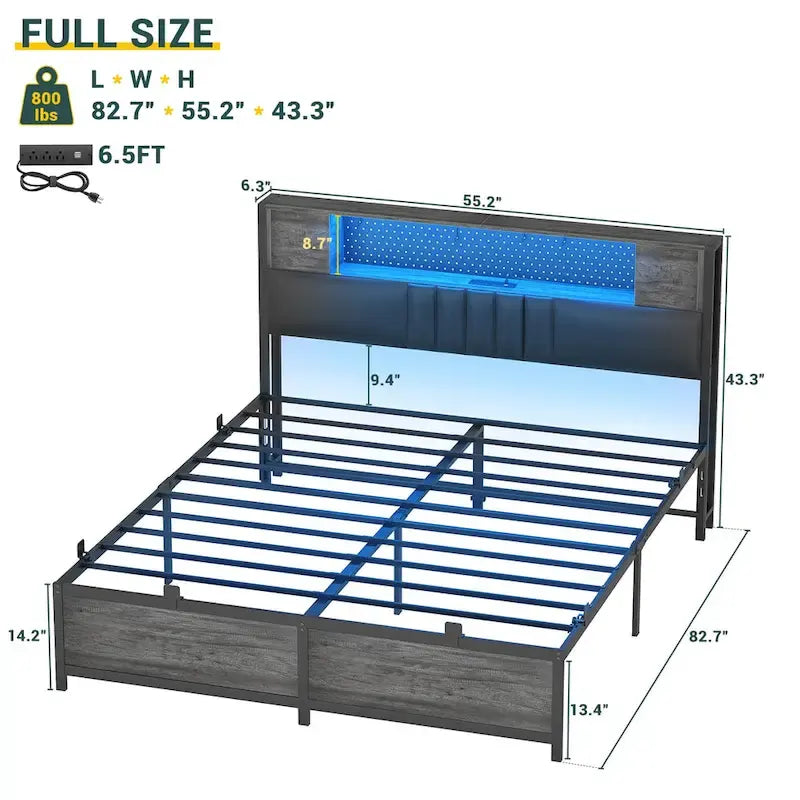 Farmhouse Bed Frame with Holey Board, Upholstered Headboard Platform Bed with Charging Station