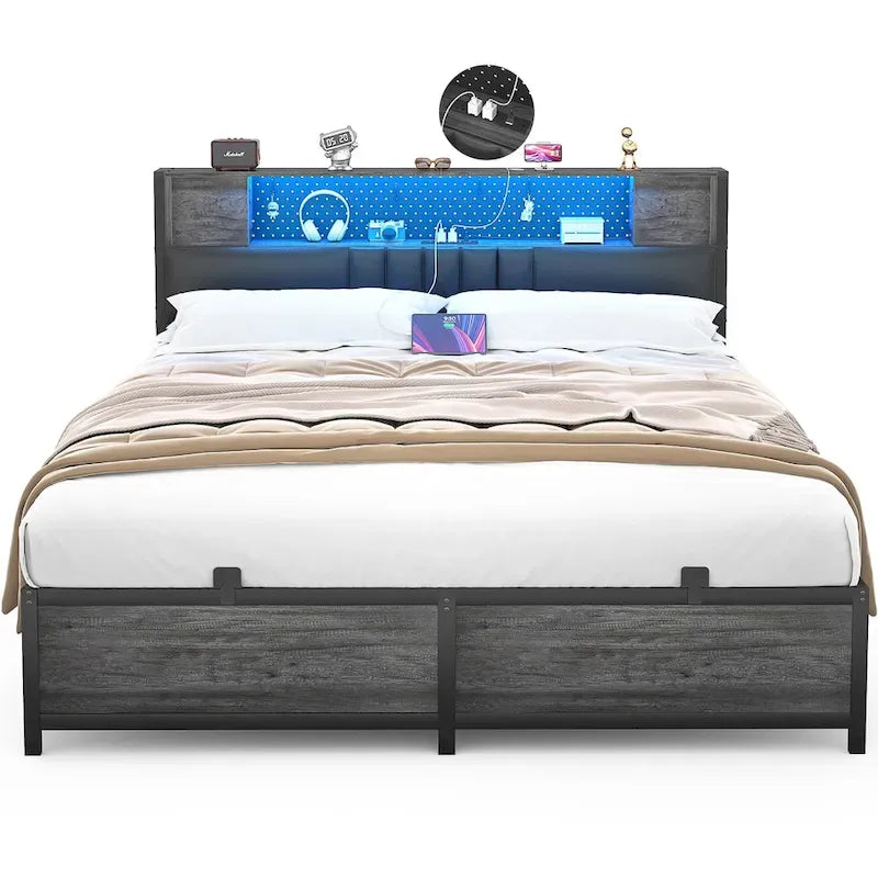 Farmhouse Bed Frame with Holey Board, Upholstered Headboard Platform Bed with Charging Station