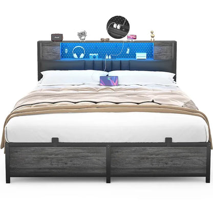 Farmhouse Bed Frame with Holey Board, Upholstered Headboard Platform Bed with Charging Station