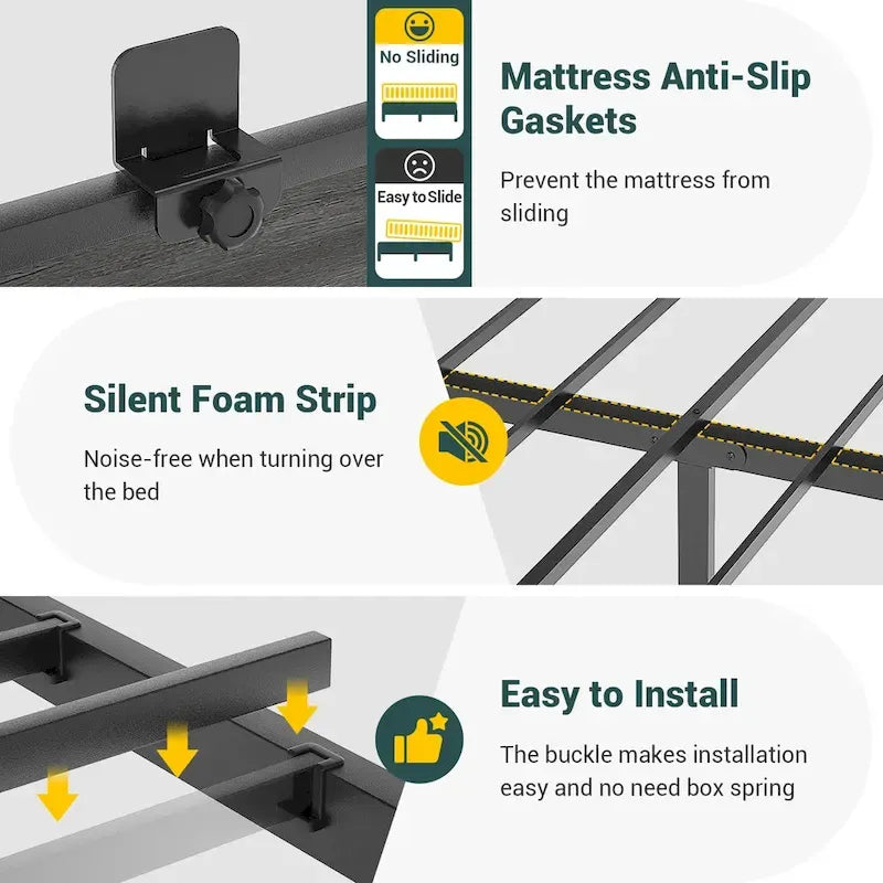 Farmhouse Bed Frame with Holey Board, Upholstered Headboard Platform Bed with Charging Station