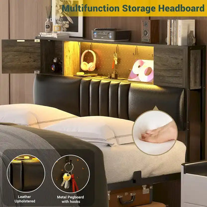 Farmhouse Bed Frame with Holey Board, Upholstered Headboard Platform Bed with Charging Station