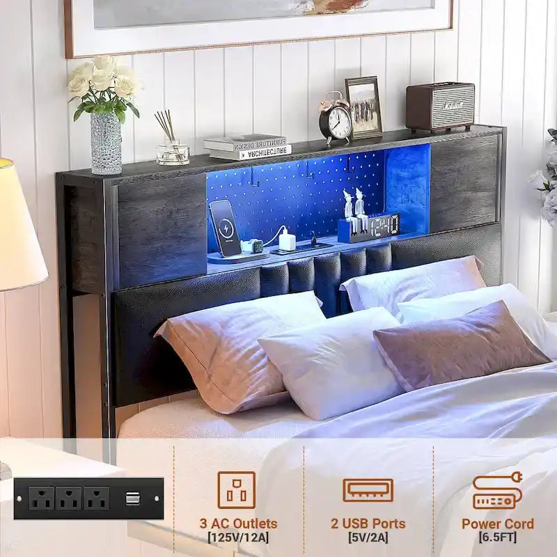 Farmhouse Bed Frame with Holey Board, Upholstered Headboard Platform Bed with Charging Station