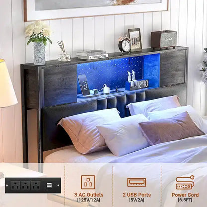 Farmhouse Bed Frame with Holey Board, Upholstered Headboard Platform Bed with Charging Station
