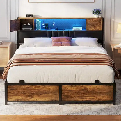 Farmhouse Bed Frame with Holey Board, Upholstered Headboard Platform Bed with Charging Station
