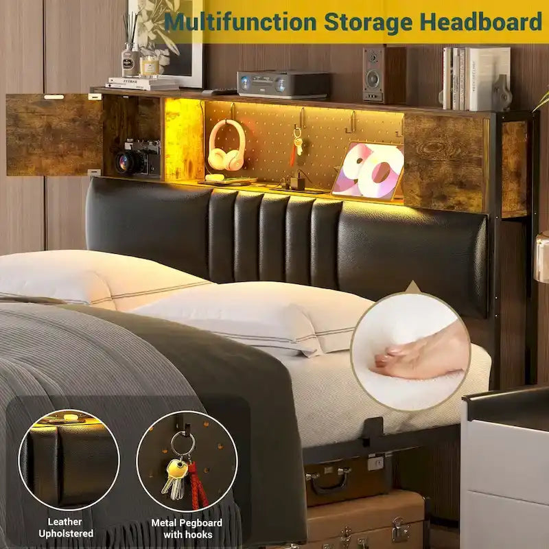 Farmhouse Bed Frame with Holey Board, Upholstered Headboard Platform Bed with Charging Station