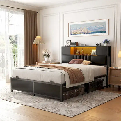 Farmhouse Bed Frame with Holey Board, Upholstered Headboard Platform Bed with Charging Station
