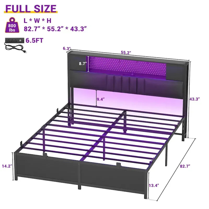 Farmhouse Bed Frame with Holey Board, Upholstered Headboard Platform Bed with Charging Station