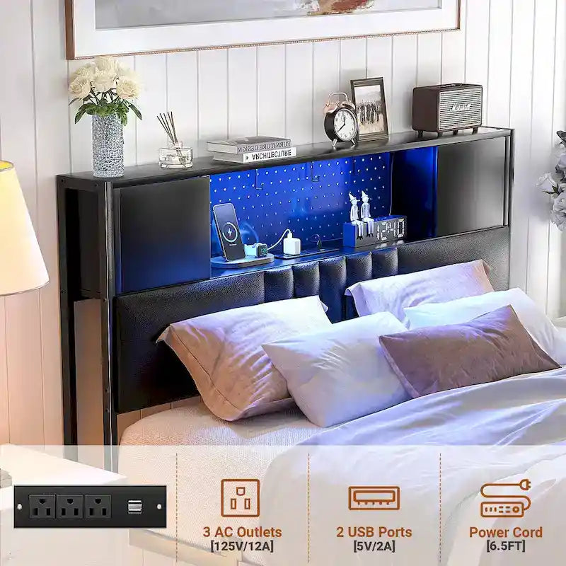 Farmhouse Bed Frame with Holey Board, Upholstered Headboard Platform Bed with Charging Station