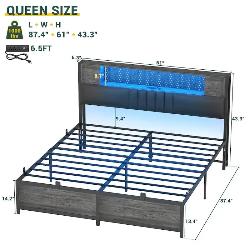 Farmhouse Bed Frame with Holey Board, Upholstered Headboard Platform Bed with Charging Station