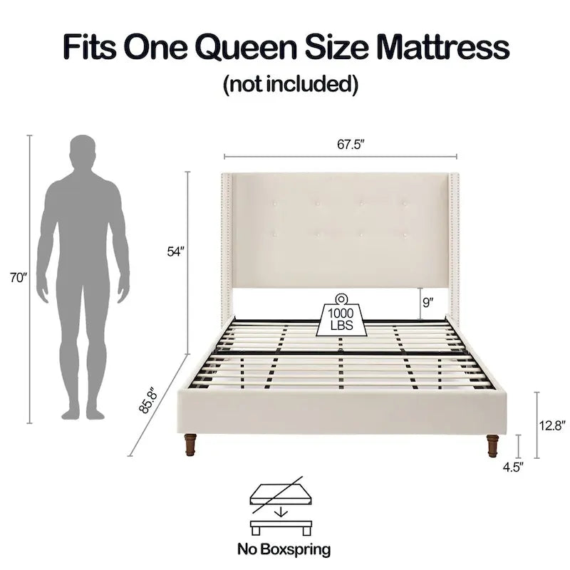 Upholstered Queen Bed with Nailhead Trim Wingback Headboard