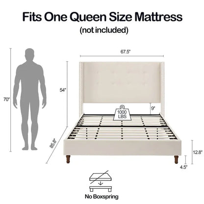 Upholstered Queen Bed with Nailhead Trim Wingback Headboard