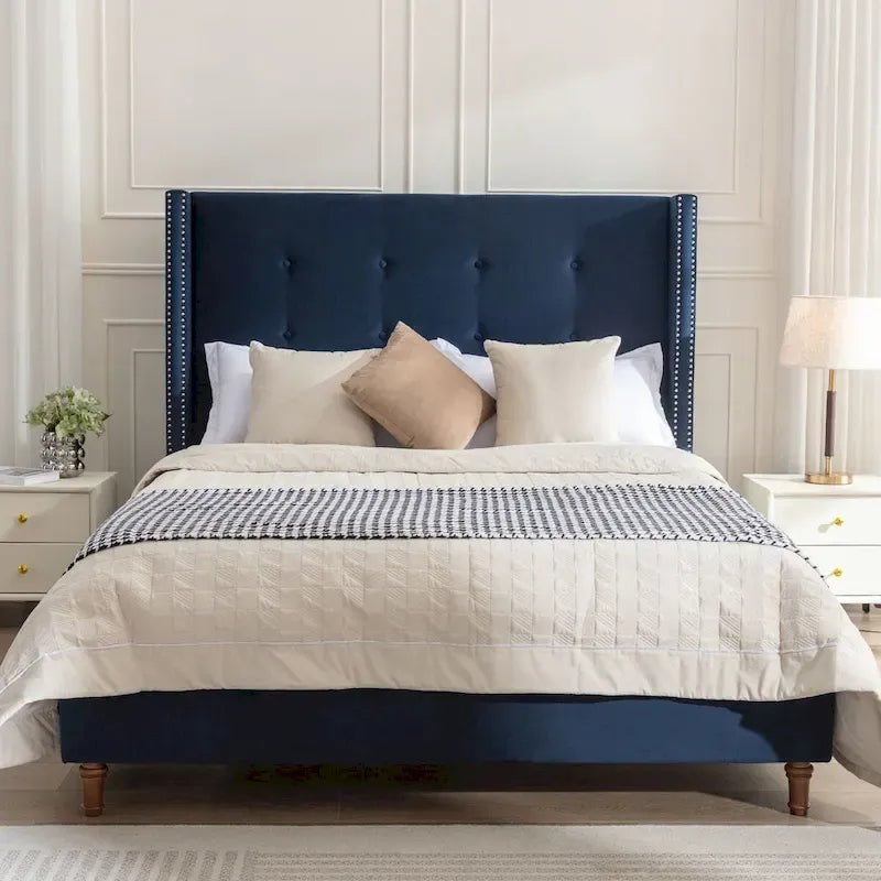 Upholstered Queen Bed with Nailhead Trim Wingback Headboard