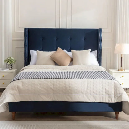 Upholstered Queen Bed with Nailhead Trim Wingback Headboard