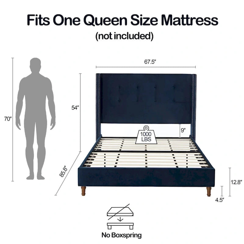 Upholstered Queen Bed with Nailhead Trim Wingback Headboard