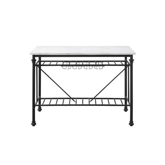 Marble Top Kitchen Island with Wine Glass Storage in White and Gray