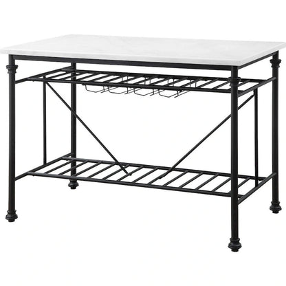 Kitchen Island with Marble Top and Slatted Shelf, Black and White