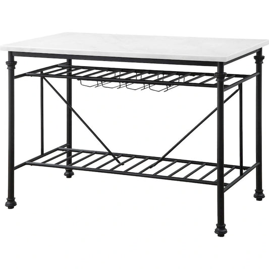 Kitchen Island with Marble Top and Slatted Shelf, Black and White