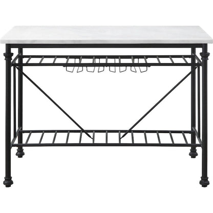 Kitchen Island with Marble Top and Slatted Shelf, Black and White