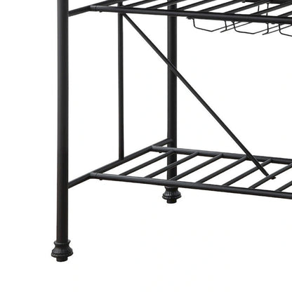 Kitchen Island with Marble Top and Slatted Shelf, Black and White