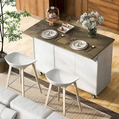47 Retro Wood Kitchen Island with Drop Leaf, Farmhouse Style on Wheels, Internal Storage