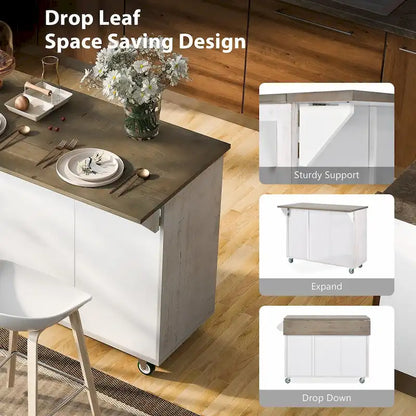 47 Retro Wood Kitchen Island with Drop Leaf, Farmhouse Style on Wheels, Internal Storage