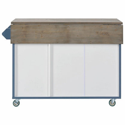 47 Retro Wood Kitchen Island with Drop Leaf, Farmhouse Style on Wheels, Internal Storage