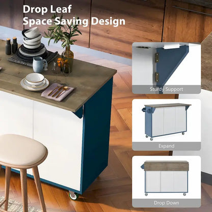 47 Retro Wood Kitchen Island with Drop Leaf, Farmhouse Style on Wheels, Internal Storage